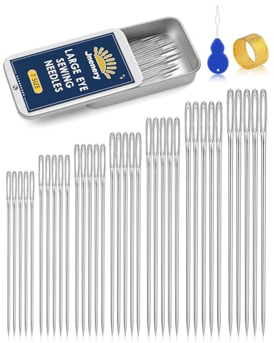 Jnenery 35Pcs Large Eye Sewing Needles 7 Sizes Stainless Steel Needles for Hand Sewing Leather Embroidery Repair Quilting- Easy Threading with Threader Thimble for Crafters Seniors Travelers