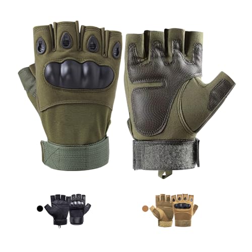 CubePlug Mens Fingerless Motorcycle Gloves, Olive Green, M