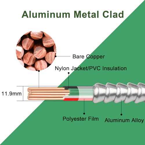 Image of 75ft 14 /3 Metal Clad (MC) Cable with Ground, 10 Gauge Electric Wire with Aluminum Armor, Solid Bare Copper Conductors for Indoor Outdoor Underground Embedded Installation (14 /3, 75 ft)