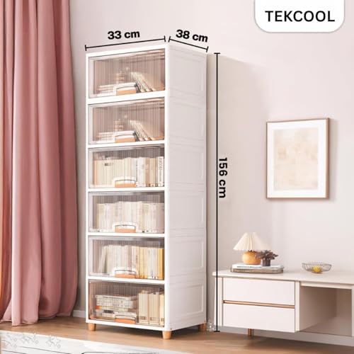 Image of TEKCOOL 6 Tier Foldable Plastic Rack for Storage /Kitchen Cupboard /Versatile and Sturdy Wardrobe for Clothes /Multipurpose Storage Organizer /Closet for Bedroom /Living Room /Laundry Room (Transparent);-