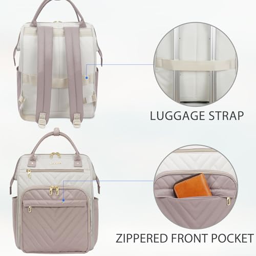 Image of VANKEAN Laptop Backpack for Women Fashion Computer Work Bag, Large Capacity Waterproof Backpack, College Daypack Business Travel, Beige /Dusty pink, 15.6 Inch