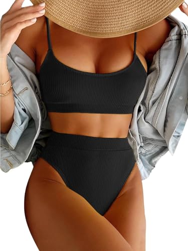 Lilosy High Waisted Tummy Control Bikini Ribbed Sporty Brazilian Swimsuit Set Women Highwaisted Cheeky Cut Leg Rise Bottom Crop Push Up Top 2 Piece Bathing Suit Black Medium