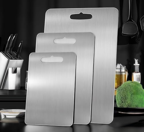 Tabla de cortar de titanio puro para cocina ultra delgada 0.04 pulg, amigable con cuchillos, fácil de limpiar 3 piezas miniatura 5