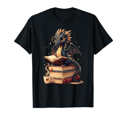 Dragon Reading Book Bookworm Dragons Books and Coffee Lover Maglietta