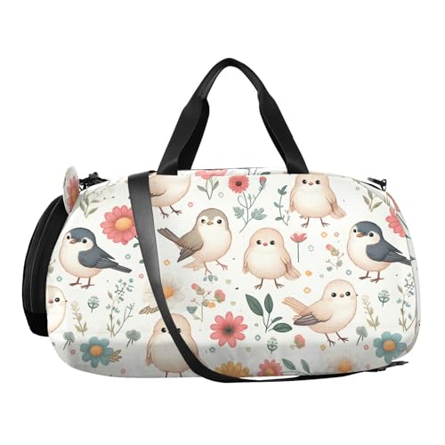Duffle Bag for Boys or Girls with Shoes Compartment, Little Birds Flowers Sports Travel Bag Overnight2