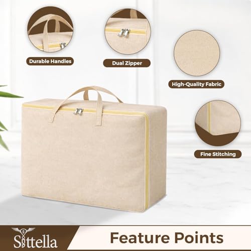 Image of SITTELLA 3 Pack Large Foldable Storage Bags 79 L | Fabric Storage Organizer Box with Zip | Blanket, Quilt & Household Item Storage | Space Saving Storage Container | Beige