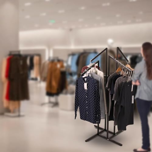 Image of LOCOMOTO 4-Way Clothes Rail Display Stand | Heavy Duty Metal Garment Rack with 15 kg Load Capacity | Free Standing Hanger Stand for Home, Retail Shop & Showroom Display (BLACK)