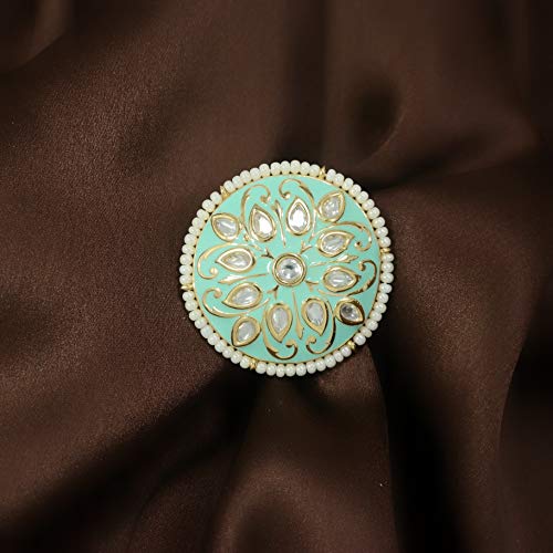 I Jewels Intricately Crafted in Gold Plated Traditional Red Enamel/Meena Work Moti Ring Glided with Uncut Polki Kundans & Edged with Moti for Women/4