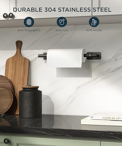 Image of FORIOUS Paper Towel Holder Under Cabinet, Wall Mount or Self Adhesive Pivoting Commercial Towel Paper Roll Holder Dispenser Stick On Bar Sinks, Matte Black