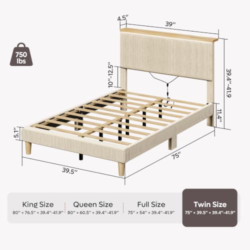 Image of Bestier Twin Bed Frame with Adjustable Headboard & LED, Upholstered, Beige