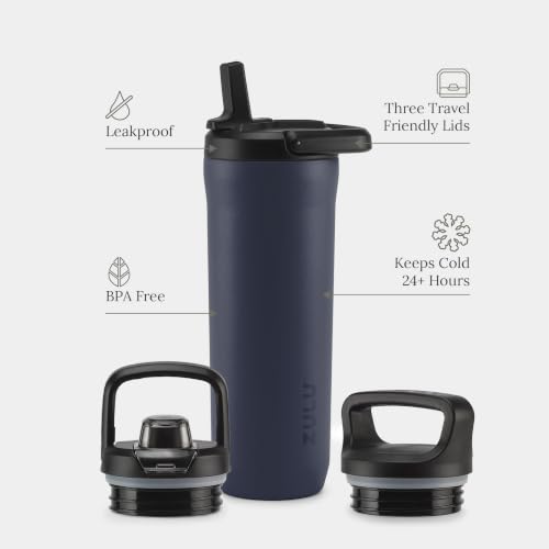Image of ZULU Base 18oz Kids Stainless Steel Water Bottle with 3 Lids- Straw, Chug, Twist | Double Walled and Vacuum Insulated Metal Thermos | Fits Car Cupholder, Built in Carry Loop, Dishwasher Safe, Navy