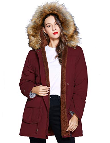 Freeprance Winter Coats for Women Parka Jacket Coat with Faux Fur Lining Hood Wine Red WRE_M