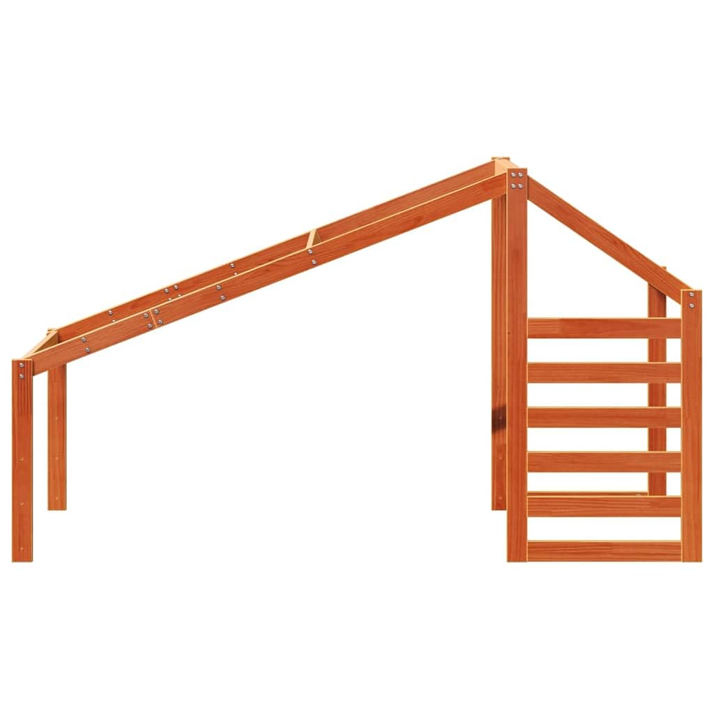 Techo de madera maciza de pino para cuna de 188 x 97 x 113 cm en color marrón cera. Estructura de techo rústica con lado abierto para facilitar el acceso. Accesorios de juego duraderos y
