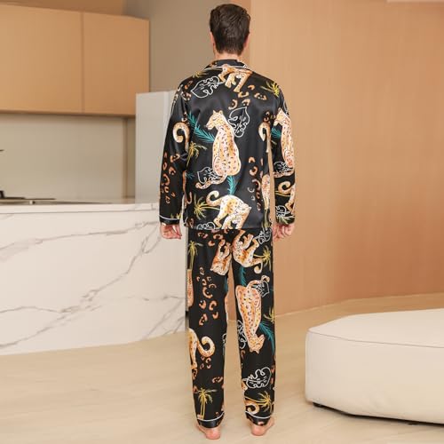 Mens Satin Pajama Sets color Pattern Long Sleeve Top and Long pants Silky Button Sleepwear4