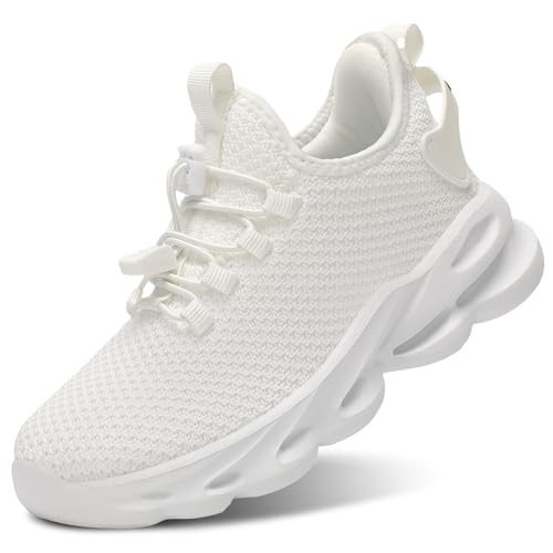 Fulkid Kids Girls Boys Shoes Breathable Athletic Boys Sneakers Lightweight Sports Shoes for Girls with Quick Adjust Bungee Sneakers for Kids White Size 3