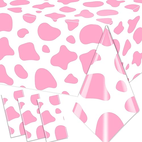 Image of Cow Print Tablecloth,Highland Cow Party Decorations 3PCS Plastic Pink Cow Print Table Cloths Disposable Cow Tablecloth for Farm Theme Birthday Party Decoration