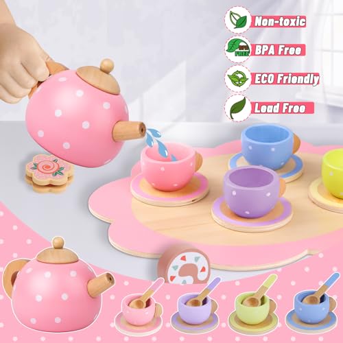 image for Wooden Tea Party Set for Little Girls,PRE-WORLD 37PCS Toys Toddler Tea