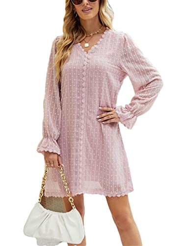 Robe courte en dentelle rose chic pour femme avec manches longues et volants col V