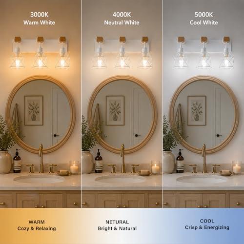 Image of Farmhouse Vanity Light Fixture,3-Light Bathroom Lighting,White Modern Wood Wall Light Over Mirror with Metal Shade,Bulbs NOT Included