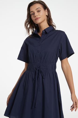 Image of D-Sun Women Casual Button Down Shirt Dress V-Neck Short Sleeve Tie Waist Mini Shirt A-Line Flowy Elegant Short Party Dress