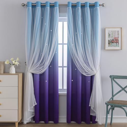 Anytime Dream Star Blackout Curtains for Kids Rooms Girl Princess Curtain for Daughter Bedroom Window (Blue Purple,1 Panel,W52 x L84inch)