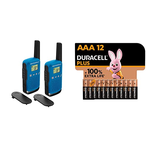 Motorola Talkabout T42 PMR-Funkgeräte (2er Set, PMR446, 16 Kanäle, Reichweite 4 km) blau & Duracell Plus AAA Micro Alkaline-Batterien, 1.5V LR03 MN2400, 12er-Pack