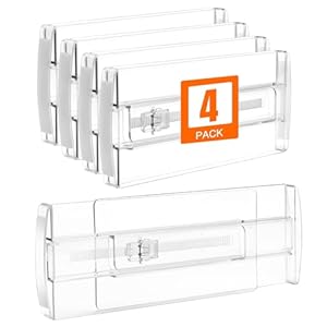 4 Pack Drawer Dividers for Clothes, 4″ High 10″-17″ Adjustable Drawer Dividers Expandable Dresser Drawer Organizers, Clear Drawer Separators for Clothes, Underwear, Baby Clothes, Cosmetic, Toiletries