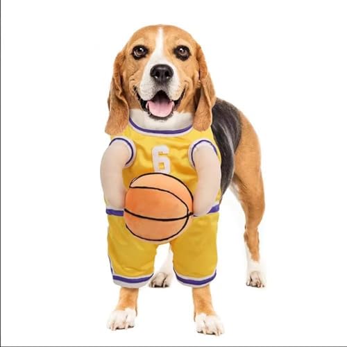 犬コスチューム コスプレ ハロウィン ペット用の服 バスケットボール選手になる 防寒 保温 着ぐるみ コスプレ衣装 変装 仮装 小型犬 中型犬 大型犬 2足歩行 ボールを持つ犬 写真小道具 パーティー 変身グッズ (小型,イエロー)