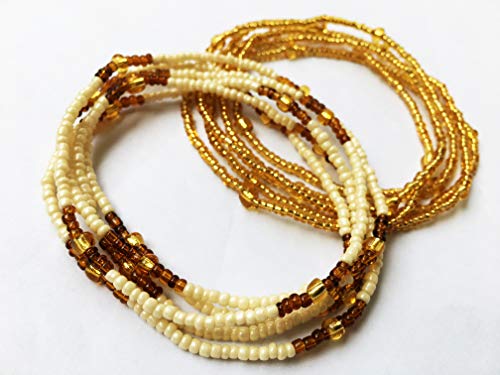 Handmade Waist Beads, 2 pcs Belly Bead Set, Belly Chain, Ivory Brown and Gold Waist Beads, Body Jewelry, African Waist bead, Waist chain, Stretchy Elastic String, Wear as Necklace Bracelet or Anklet