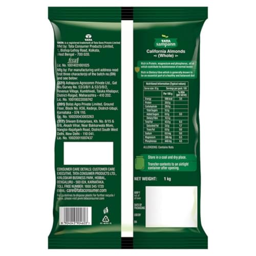 Image of Tata Sampann Pure California Almonds Whole, 1kg, Real Nuts, High In Fiber, Badam Giri, Rich In Protein, Magnesium, Phosphorus And Dietary Fibre, Nuts & Dry Fruits, Value Pack