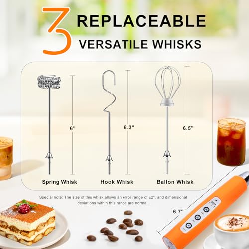 Image of YUSWKO Fluorescence Orange Handheld Milk Frother Wand for Coffee, Rechargeable Electric Whisk with 3 Heads 3 Speeds Drink Mixer Coffee Frother For Latte, Cappuccino, Hot Chocolate, Egg