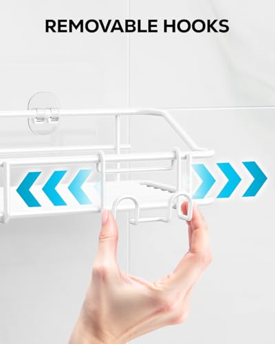 Image of Nieifi Shower Caddy Shelf with Hooks Storage Rack Organizer Adhesive Stainless Steel Without Drilling for Bathroom, Lavatory, Washroom, Restroom, Shower, Toilet, Kitchen - 2 Pack (White)