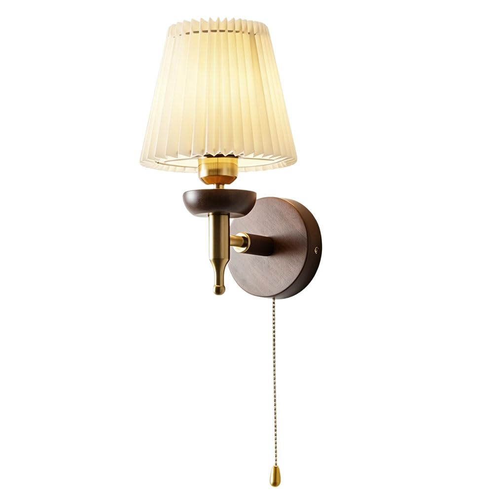 LUOYAOB Pleated Fabric Wall Sconce Vintage Wooden Wall Lamp with Pull-Chain Switch Mid Century Style Wall Decorative Lighting Fixture for Bedroom Living Room Entryway and Bathroom