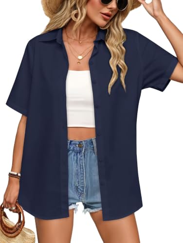 Image of Women Hawaiian Shirt Button Down Summer Tops Beach Short Sleeve Blouse