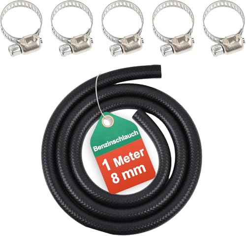 1 Meter Benzinschlauch 8 mm Innendurchmesser Dieselleitung 5/16 Kraftstoffschlauch 8mm mit 5 Stücke Schlauchschellen Kraftstoffleitung für Rasenmäher Auto Traktor Kleine Motoren motorrad