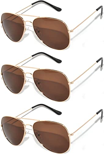 3 pairs Classic Aviator Style Sunglasses Metal Frame Gold Color Brown Lens 3 Pack2