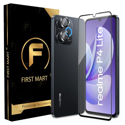 Image of FIRST MART Tempered Glass for Realme P4 Lite 5G with Black Camera Ring Guard & Installation Kit | HD Clear Edge-to-Edge Screen Protector, Scratch Resistant, Case-Friendly | Pack of 1