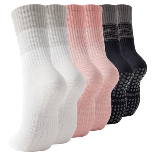 Image of BONANGEL Pilates Socks with Grips for Women, 3 Pairs Womens Grippy Yoga Ballet Barre Hospital Gym Athletic Socks