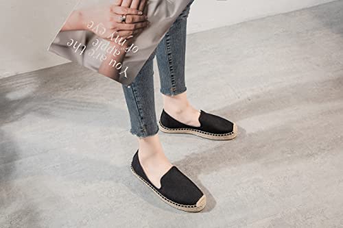Image of Women's Classic Slip on Flat Shoes Casual Cap-Toe Platform Simple Espadrille Canvas Loafers Black Color Size 8.5