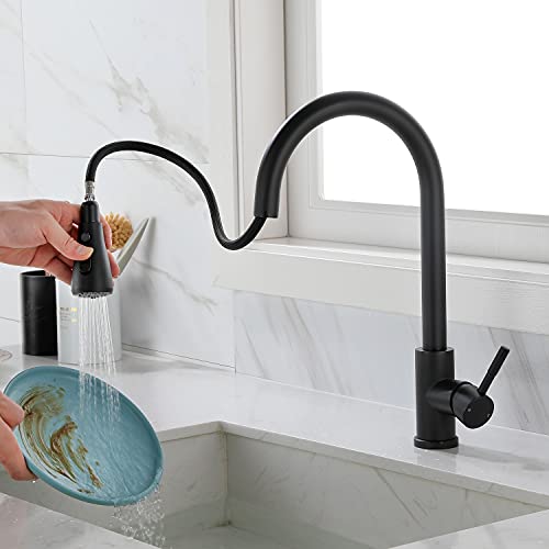 Robinet de cuisine noir mat avec douchette extractible pour îlot central moderne