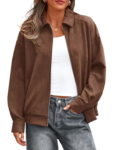PRETTYGARDEN Faux Suede Bomber Jacket Women Fall Fashion 2026 Casual Zip Up Oversized Trendy Winter Clothing Outerwear Coats (Brown,Small)