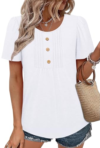 Image of Womens Tops Dressy Casual Blouses Short Sleeve Shirts Plus Size Fashion Clothing Spring Summer Outfits Button Pleated Front