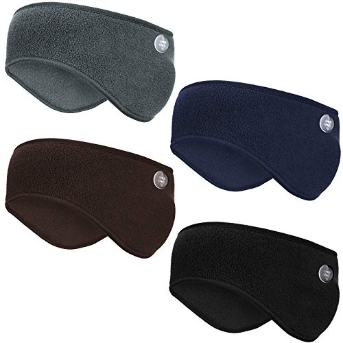 4 Pieces Button Ponytail Headband Ear Warmer Headband Winter Headband Fleece Headband for Men Women Outdoor Sports (Black, Gray, Dark Brown, Navy Blue)