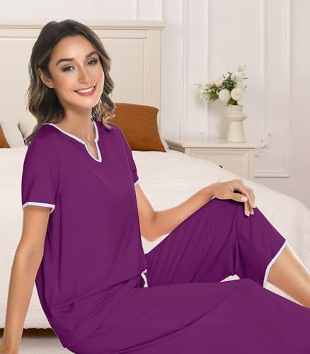 Image of NACHILA Women's Pajamas Set-Viscose Made from Bamboo,Short Sleeve Sleepwear Soft Pjs with Capri Pants Loose Loungewear