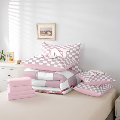 Image of Erosebridal Pink Initial N Queen Bedding Set 7 Piece Kawaii Plaid Checkered Bed in A Bag with Sheets Cute Personalized Monogram Comforter Set for Kids Girls Teen Women,Fashion Grids Gingham Bed Sets