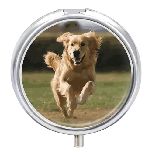 Golden Retriever Running Pill Organizer Round Pill Box Small Pill
