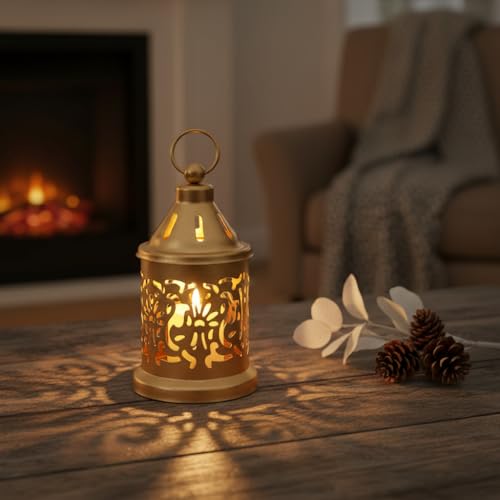 Image of Hanging Metal Tealight Candle Holder Lantern Set with LED Candle | Decorative Gold Hanging Lantern for Home Decor, Living Room, Dining Table, Balcony & Festive Gifting (Set of 2)