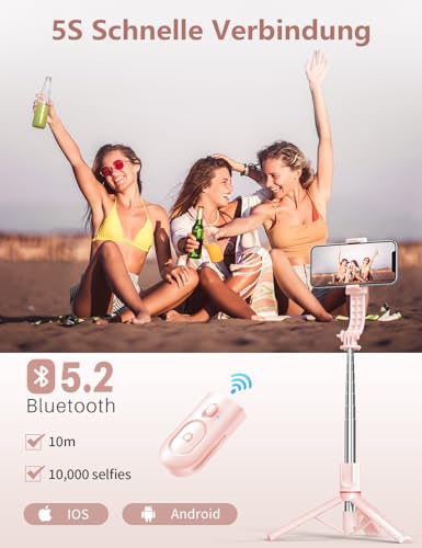 Selfie Stick mit Fülllicht, 114 cm Smartphone Stativ mit Fernauslöser Kompatibel mit iPhone 15/14/13/12/11 Pro/Max/Plus, Huawei, Xiaomi(Rosa) 4