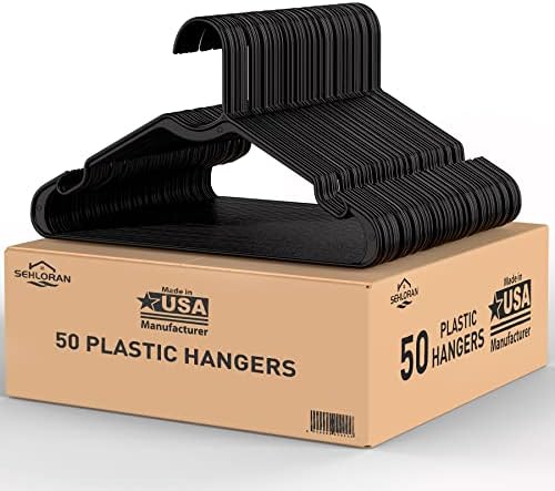Sehloran Plastic Hangers 50 Pack,Space Saving Notched Hangers, Space Saving Slim Hangers, Heavy Duty Clothes Hanger for Coats,Pants,Dress,Shirts,White&Black,Made in USA
