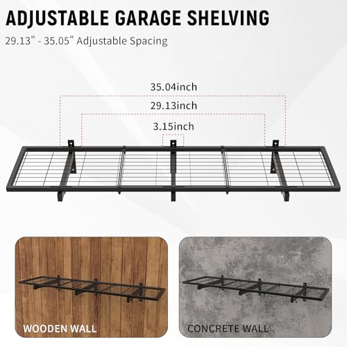 Image of Garage Wall Shelves, 46 inchX12.5 inch Garage Shelving Wall Mounted, Heavy Duty Shelf Storage Rack with 4 Hooks, Black Organizer Floating Metal Shelf 160 LBS Capacity for Office, Basement, Laundry Room